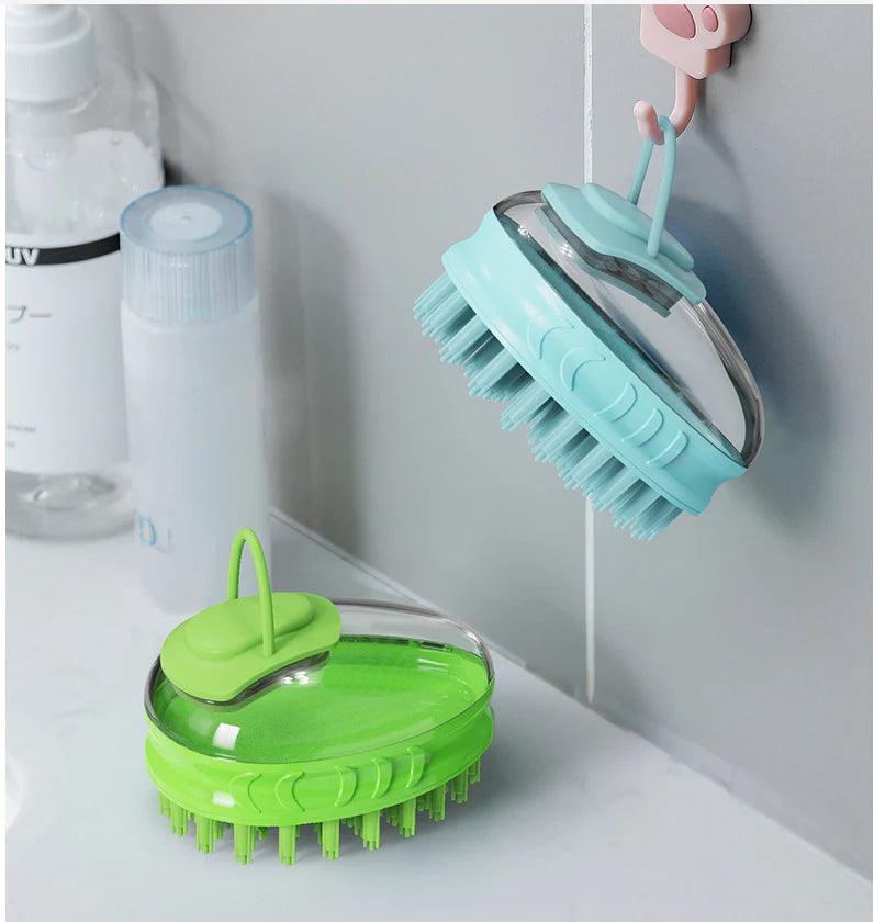 A green pet bath brush designed to provide a relaxing massage experience for dogs during bath time.