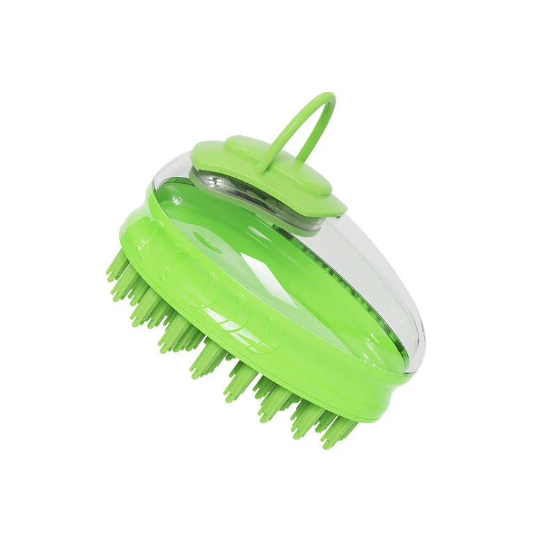 A green pet bath brush designed to provide a relaxing massage experience for dogs during bath time.