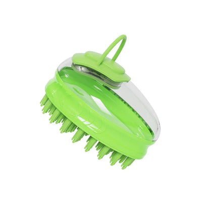 A green pet bath brush designed to provide a relaxing massage experience for dogs during bath time.