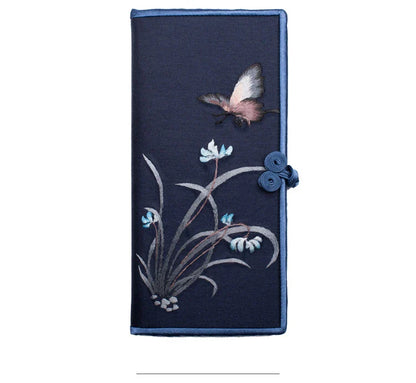 Elegant hand-embroidered long wallet in various colors, featuring a sleek buckle design and ample storage space