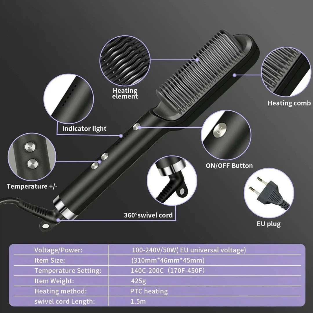 Hair Straightener Brush with Ionic Hot Comb and Ceramic Heating Technology