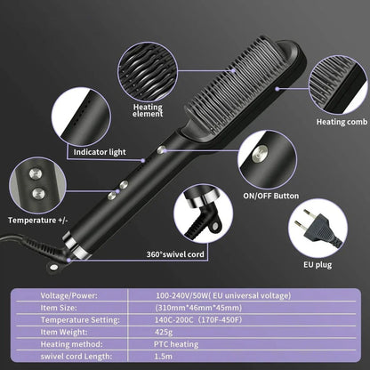 Hair Straightener Brush with Ionic Hot Comb and Ceramic Heating Technology