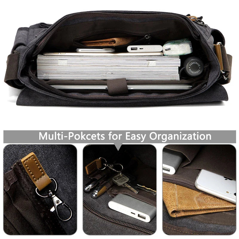 Vintage-inspired messenger bag for men made of high-quality PU leather material with multiple pockets for organization