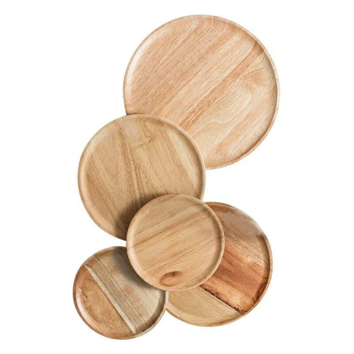 A natural wooden round tray with a sleek, versatile design that complements any home decor.