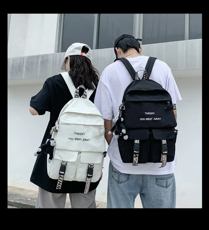A stylish white backpack with clean lines and a modern design, perfect for college students