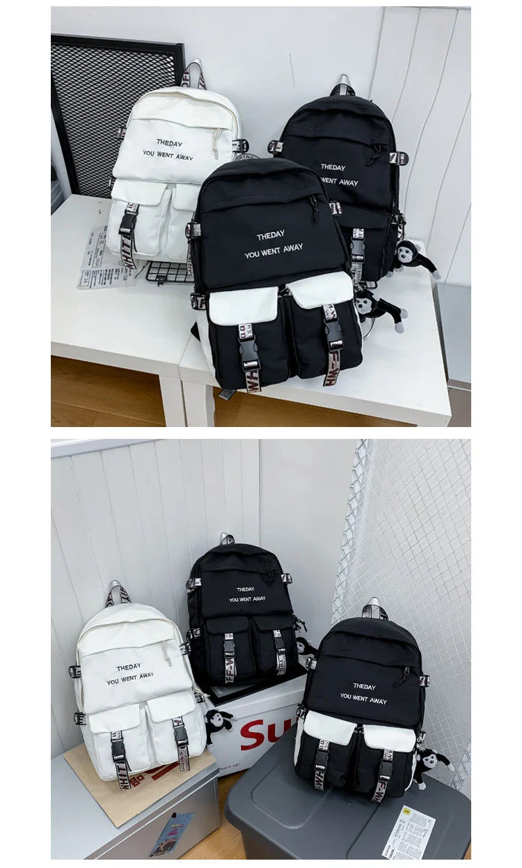 A stylish white backpack with clean lines and a modern design, perfect for college students