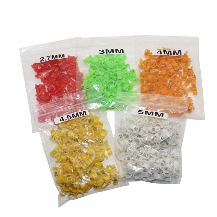 Colorful plastic clip rings in various sizes for attaching to bird's legs