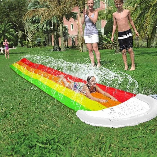 Giant water slides with zig-zag sprinkler system, perfect for summer fun and backyard adventures with kids