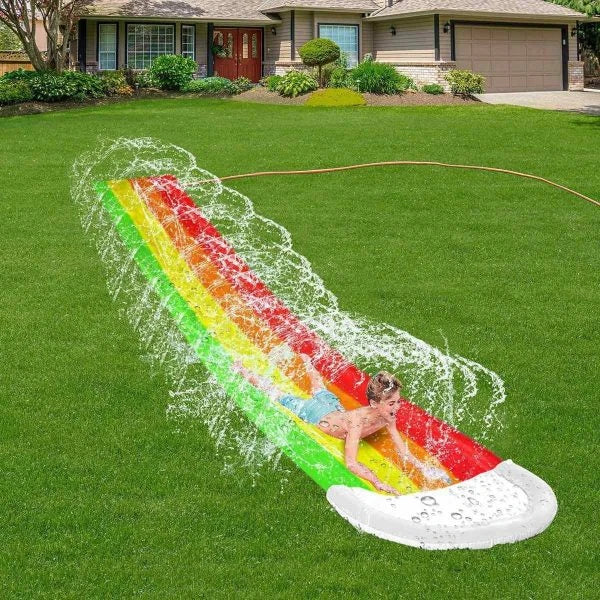 Giant water slides with zig-zag sprinkler system, perfect for summer fun and backyard adventures with kids