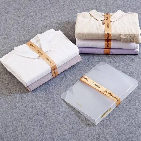Dress Book - Space-Saving Clothes Folder Organizer with pink and gold color options, neatly organizing and storing clothes in a compact, wrinkle-free manner