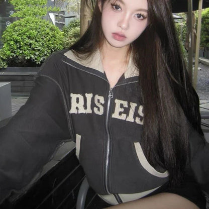 American Retro Loose Fitting Sweater Jacket for Women in Graphic Color