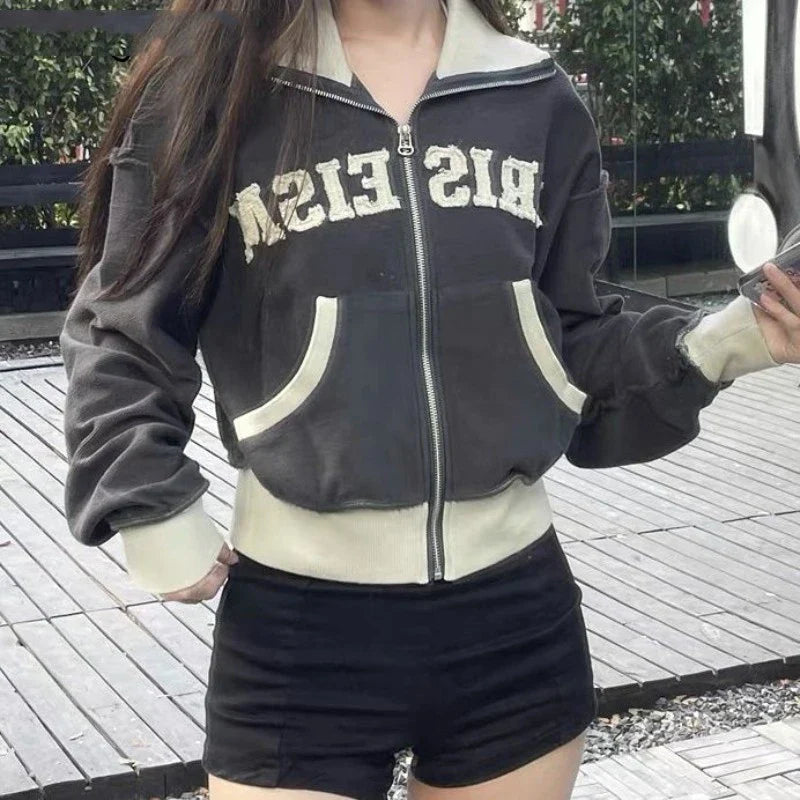 American Retro Loose Fitting Sweater Jacket for Women in Graphic Color