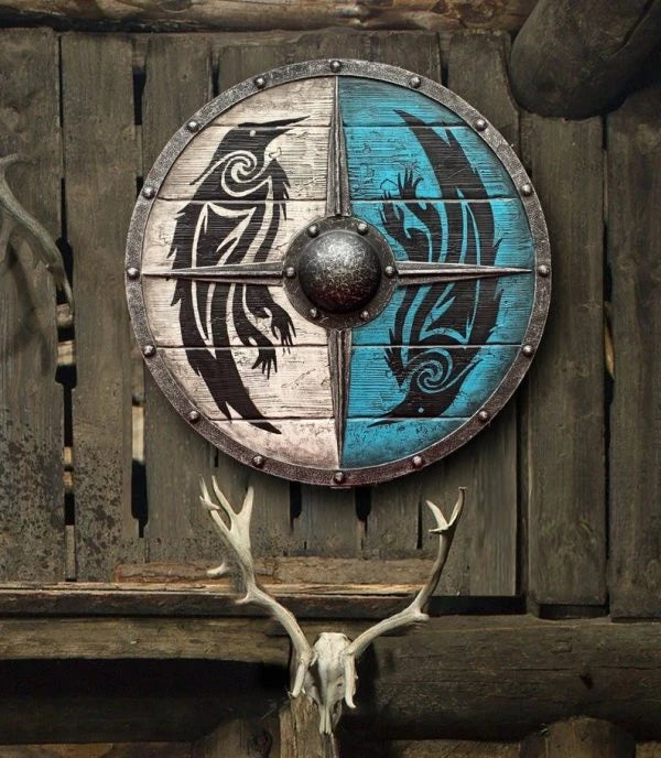 Eivor Valhalla Raven War Pattern Viking Shield - Authentic battle-worn design with striking raven motif, tooled Celtic knots, and forged iron spikes