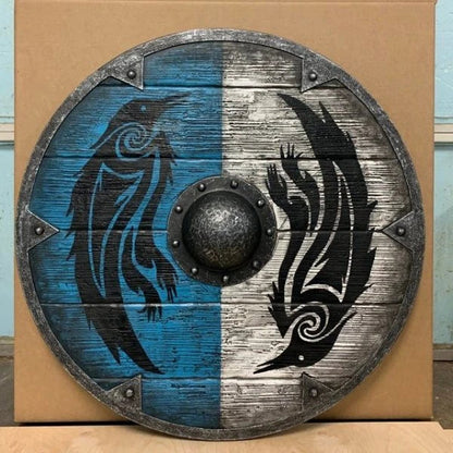 Eivor Valhalla Raven War Pattern Viking Shield - Authentic battle-worn design with striking raven motif, tooled Celtic knots, and forged iron spikes