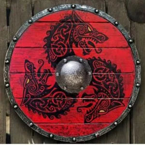 Eivor Valhalla Raven War Pattern Viking Shield - Authentic battle-worn design with striking raven motif, tooled Celtic knots, and forged iron spikes