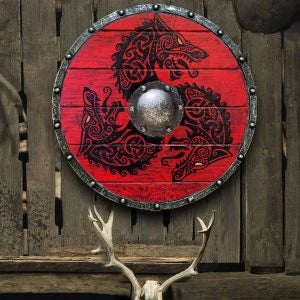 Eivor Valhalla Raven War Pattern Viking Shield - Authentic battle-worn design with striking raven motif, tooled Celtic knots, and forged iron spikes