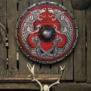 Eivor Valhalla Raven War Pattern Viking Shield - Authentic battle-worn design with striking raven motif, tooled Celtic knots, and forged iron spikes