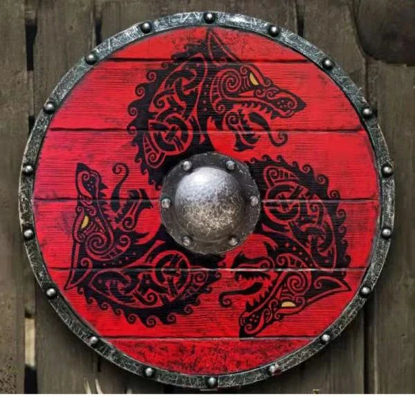 Eivor Valhalla Raven War Pattern Viking Shield - Authentic battle-worn design with striking raven motif, tooled Celtic knots, and forged iron spikes