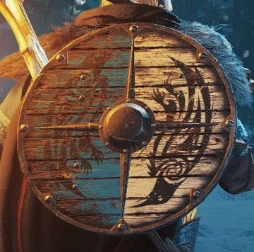 Eivor Valhalla Raven War Pattern Viking Shield - Authentic battle-worn design with striking raven motif, tooled Celtic knots, and forged iron spikes