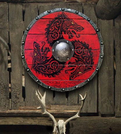 Eivor Valhalla Raven War Pattern Viking Shield - Authentic battle-worn design with striking raven motif, tooled Celtic knots, and forged iron spikes