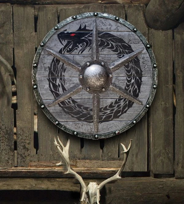 Eivor Valhalla Raven War Pattern Viking Shield - Authentic battle-worn design with striking raven motif, tooled Celtic knots, and forged iron spikes
