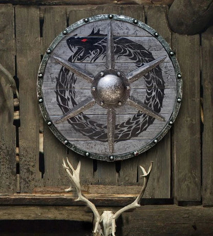 Eivor Valhalla Raven War Pattern Viking Shield - Authentic battle-worn design with striking raven motif, tooled Celtic knots, and forged iron spikes