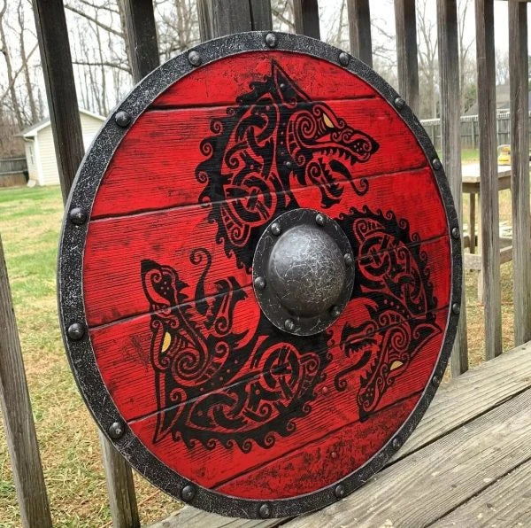 Eivor Valhalla Raven War Pattern Viking Shield - Authentic battle-worn design with striking raven motif, tooled Celtic knots, and forged iron spikes