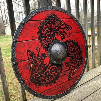 Eivor Valhalla Raven War Pattern Viking Shield - Authentic battle-worn design with striking raven motif, tooled Celtic knots, and forged iron spikes