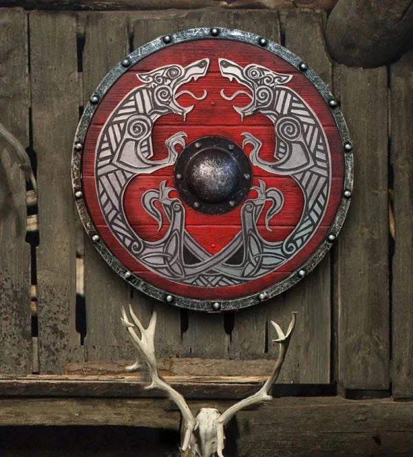 Eivor Valhalla Raven War Pattern Viking Shield - Authentic battle-worn design with striking raven motif, tooled Celtic knots, and forged iron spikes
