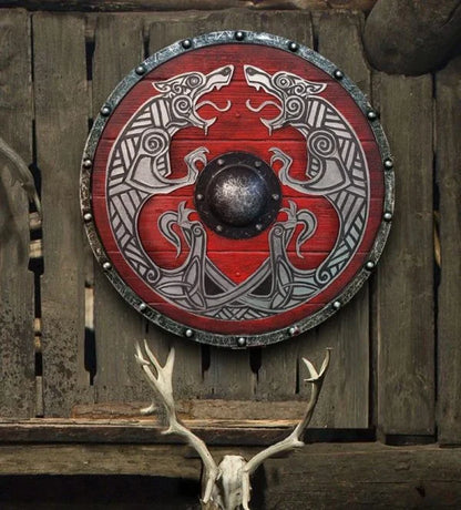 Eivor Valhalla Raven War Pattern Viking Shield - Authentic battle-worn design with striking raven motif, tooled Celtic knots, and forged iron spikes