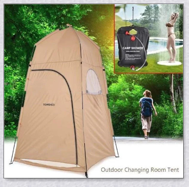 Portable Camping Shower Tent with polyester fabric and steel frame, providing private space for outdoor activities