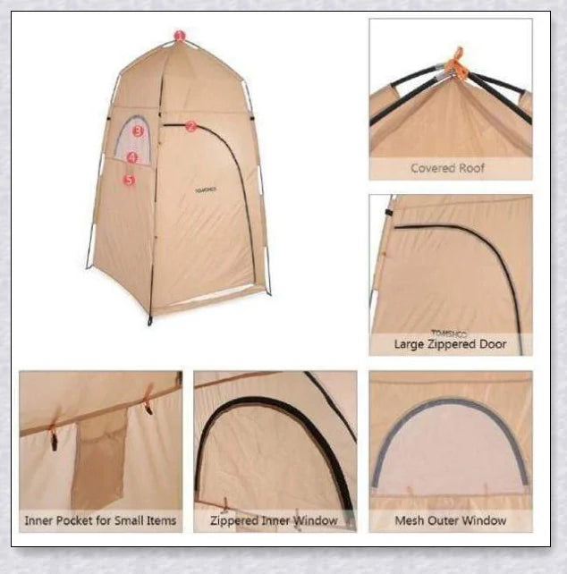 Portable Camping Shower Tent with polyester fabric and steel frame, providing private space for outdoor activities