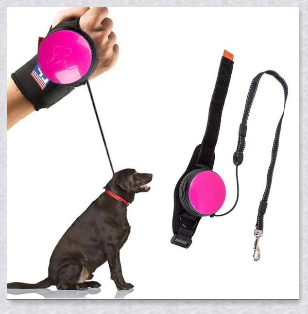 Hands Retractable Dog Leash with adjustable wrist strap and 3M reflective strip for visibility and hands-free control