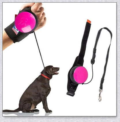 Hands Retractable Dog Leash with adjustable wrist strap and 3M reflective strip for visibility and hands-free control