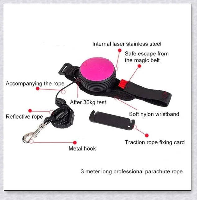 Hands Retractable Dog Leash with adjustable wrist strap and 3M reflective strip for visibility and hands-free control