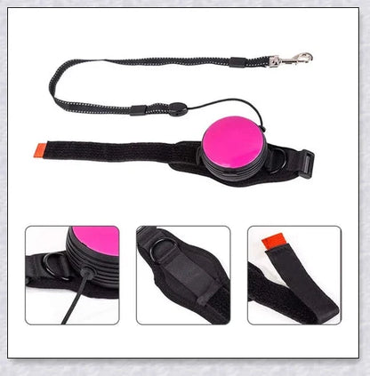 Hands Retractable Dog Leash with adjustable wrist strap and 3M reflective strip for visibility and hands-free control
