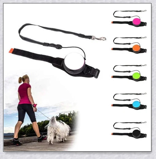 Hands Retractable Dog Leash with adjustable wrist strap and 3M reflective strip for visibility and hands-free control