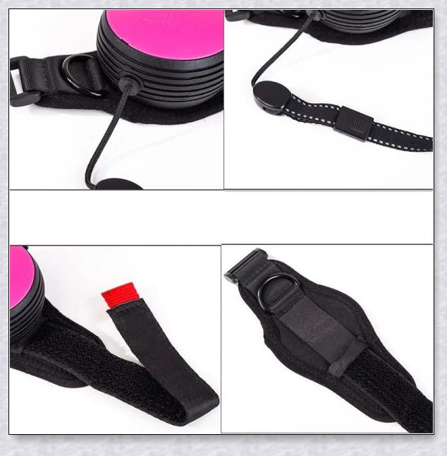 Hands Retractable Dog Leash with adjustable wrist strap and 3M reflective strip for visibility and hands-free control