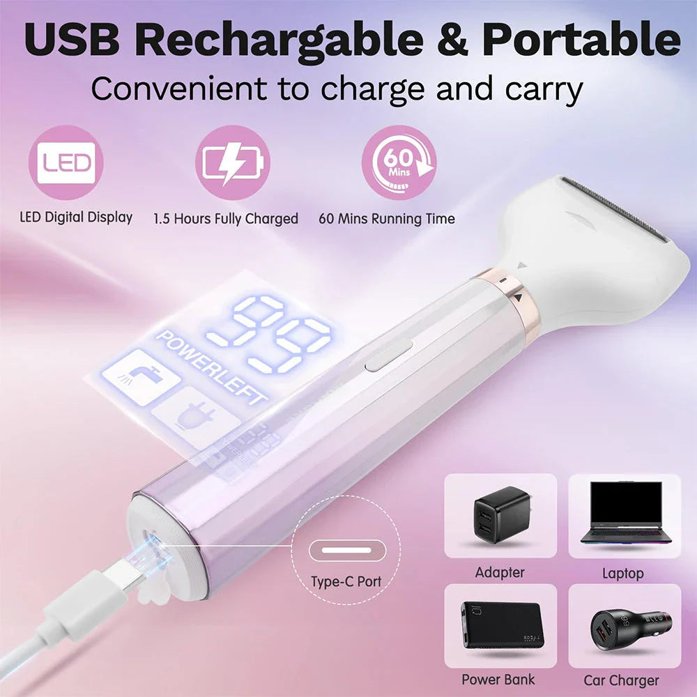 Electric razor shaver for women with detachable heads, hypoallergenic blades, and long-lasting battery for painless and efficient hair removal.