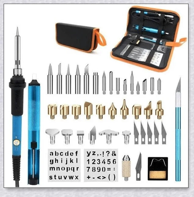 Premium wood burning pyrography kit with various tools and accessories for creating personalized designs on wood