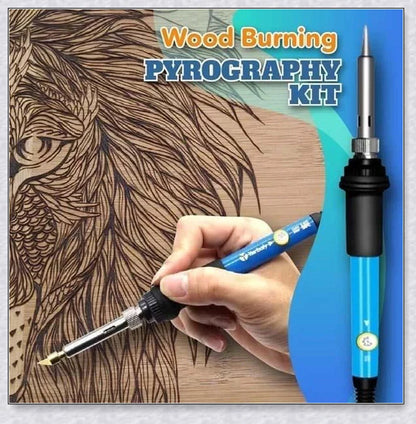 Premium wood burning pyrography kit with various tools and accessories for creating personalized designs on wood