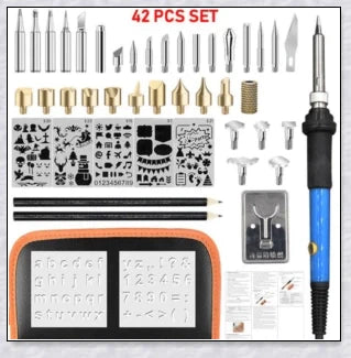 Premium wood burning pyrography kit with various tools and accessories for creating personalized designs on wood