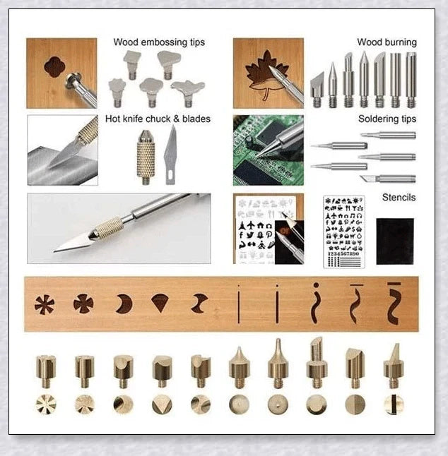 Premium wood burning pyrography kit with various tools and accessories for creating personalized designs on wood
