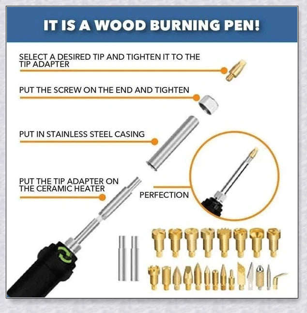 Premium wood burning pyrography kit with various tools and accessories for creating personalized designs on wood