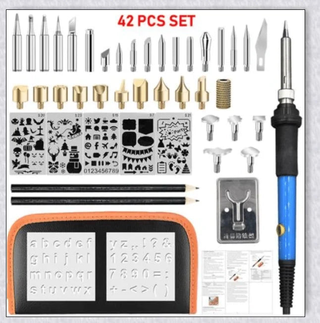 Premium wood burning pyrography kit with various tools and accessories for creating personalized designs on wood
