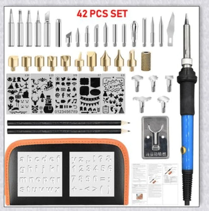 Premium wood burning pyrography kit with various tools and accessories for creating personalized designs on wood