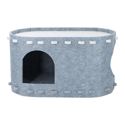 A cozy 2-in-1 cat bed featuring a hammock and a hiding house, designed for comfort and relaxation.