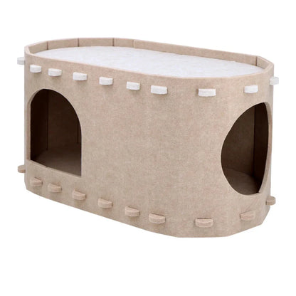 A cozy 2-in-1 cat bed featuring a hammock and a hiding house, designed for comfort and relaxation.