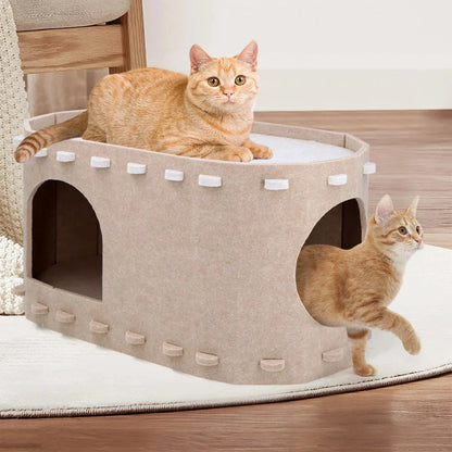 A cozy 2-in-1 cat bed featuring a hammock and a hiding house, designed for comfort and relaxation.