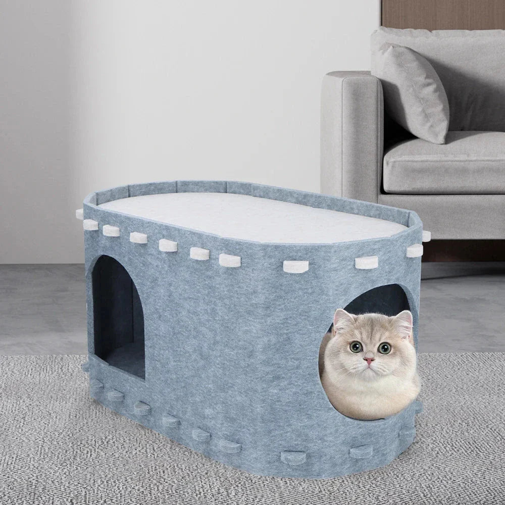A cozy 2-in-1 cat bed featuring a hammock and a hiding house, designed for comfort and relaxation.